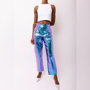 NEW AMYLYNN USA Lupe Purple Iridescent Metallic Faux Leather Trousers Size L